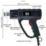 Diagram showing dimensions and key components of the BG Thermal industrial heat gun, including a 9.33-inch length and larger air intake.