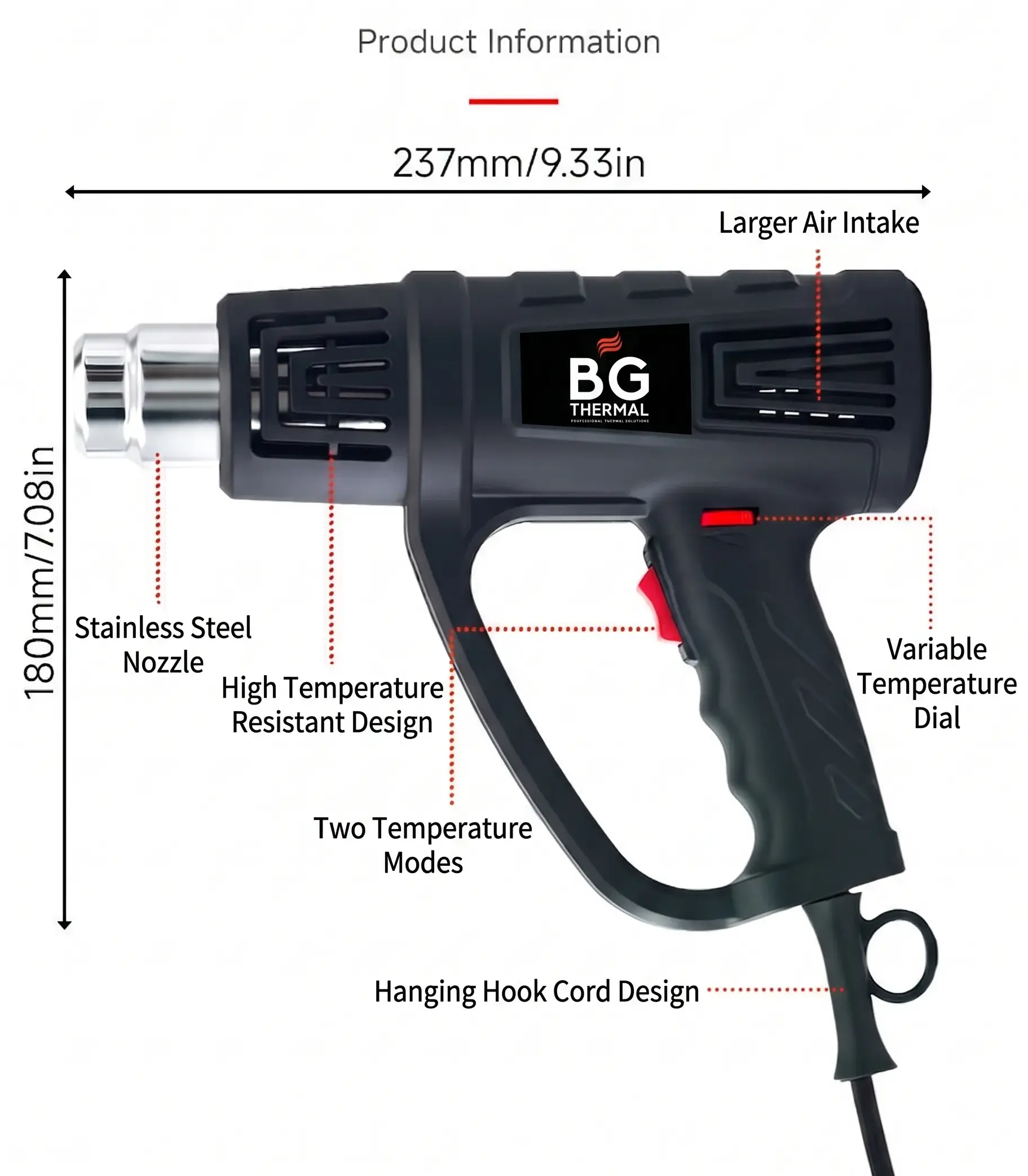 Diagram showing dimensions and key components of the BG Thermal industrial heat gun, including a 9.33-inch length and larger air intake.