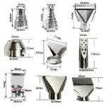 Technical dimension specification diagram for heat gun accessory nozzles