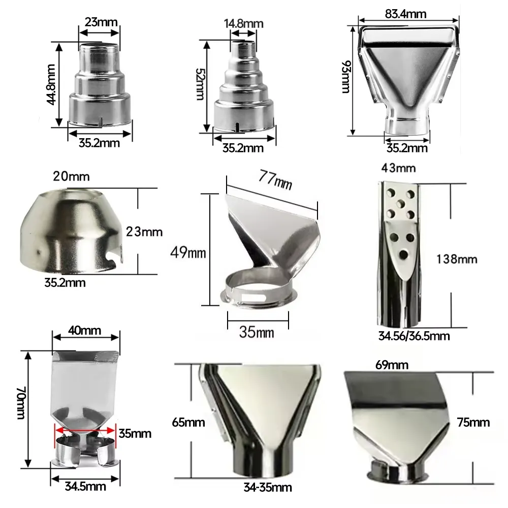 Technical dimension specification diagram for heat gun accessory nozzles