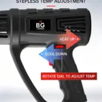 BG Thermal industrial heat gun showing stepless temperature adjustment dial from 0 to 600 degrees Celsius.