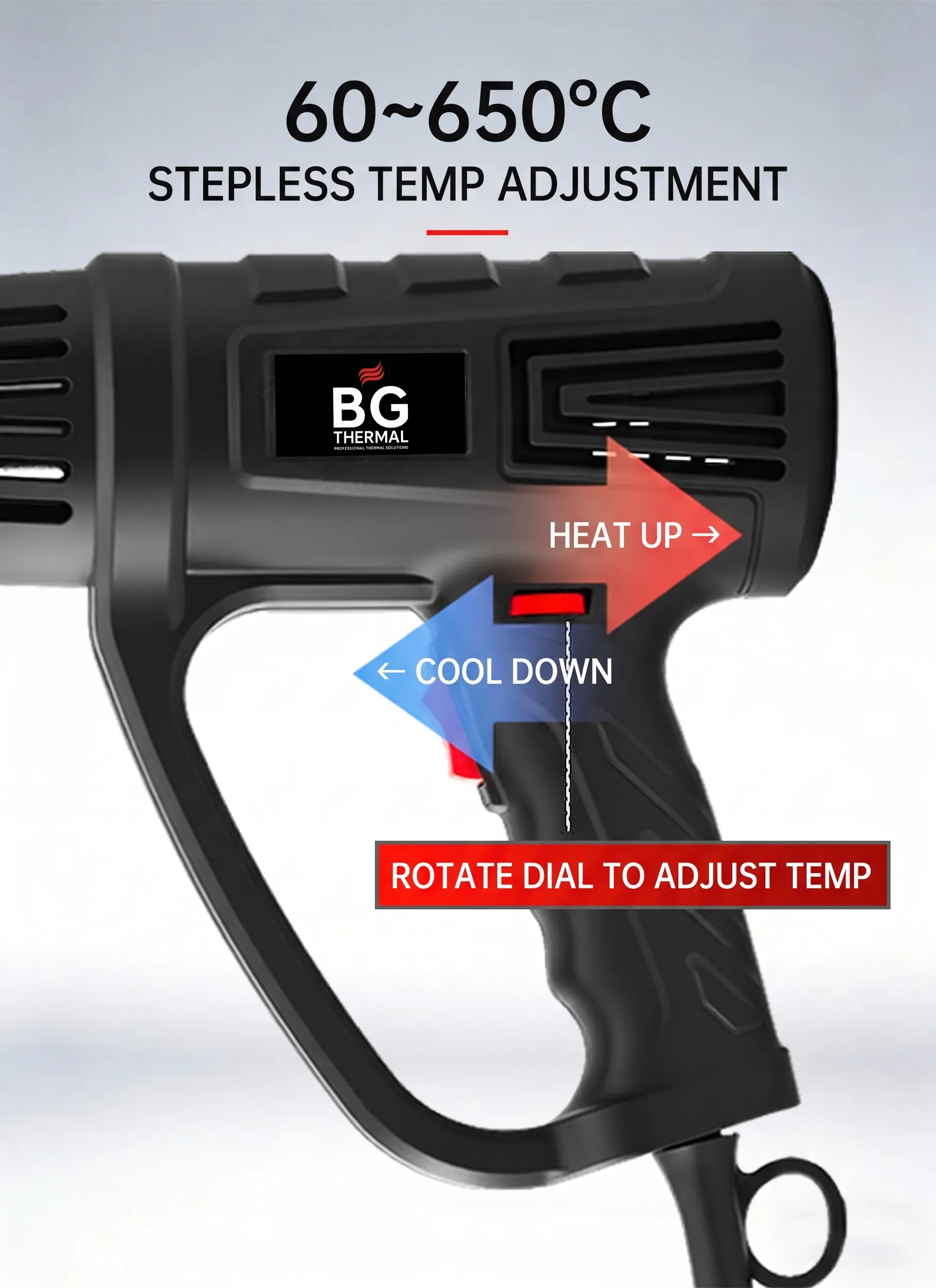 BG Thermal industrial heat gun showing stepless temperature adjustment dial from 0 to 600 degrees Celsius.