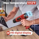 Operator using a BG Thermal heat gun to heat a plastic film, with Max Temperature 1112°F and HD digital display text.