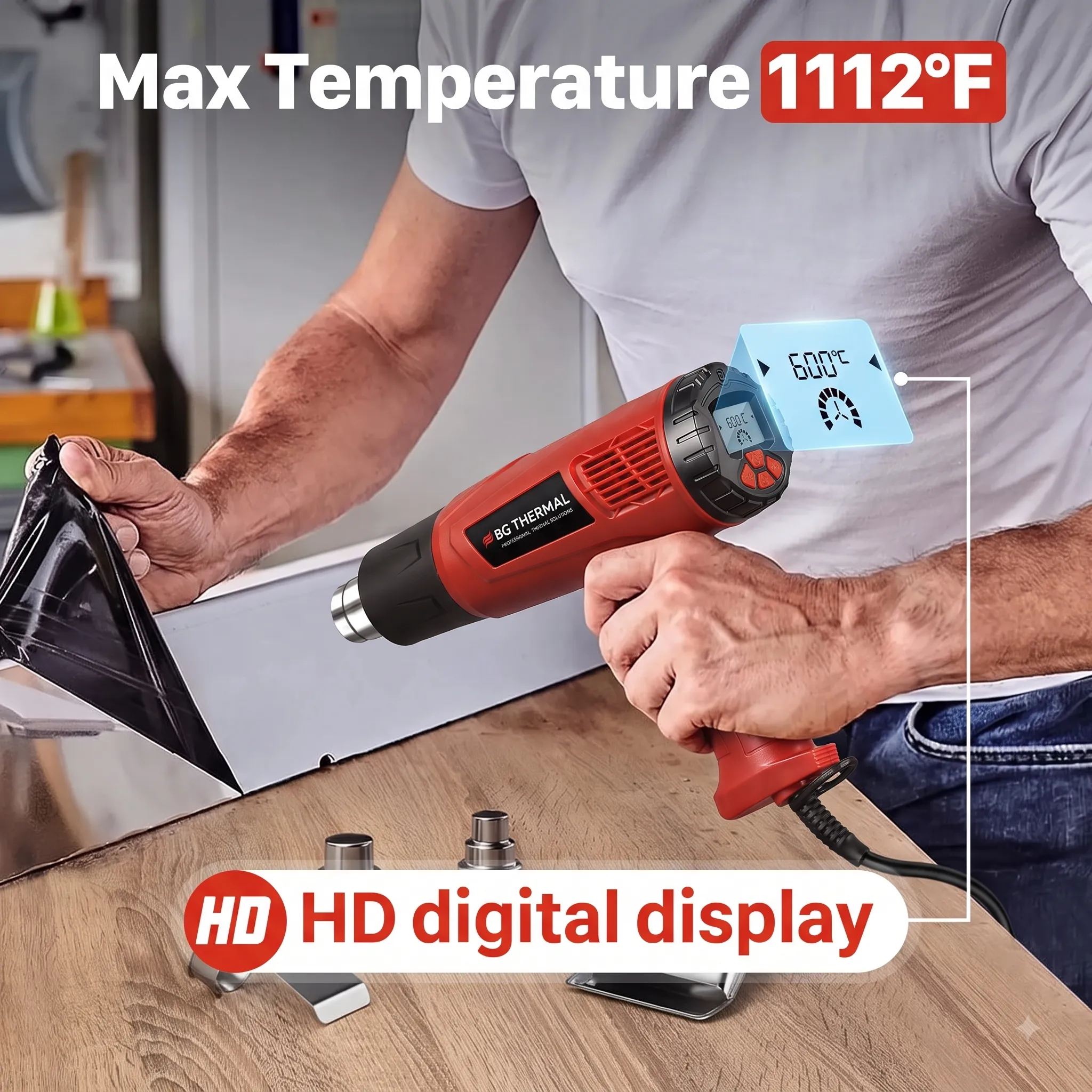 Operator using a BG Thermal heat gun to heat a plastic film, with Max Temperature 1112°F and HD digital display text.