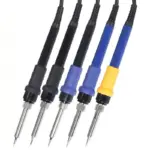 Five ergonomic replacement soldering iron handles in black, blue, and yellow with heat-resistant grips