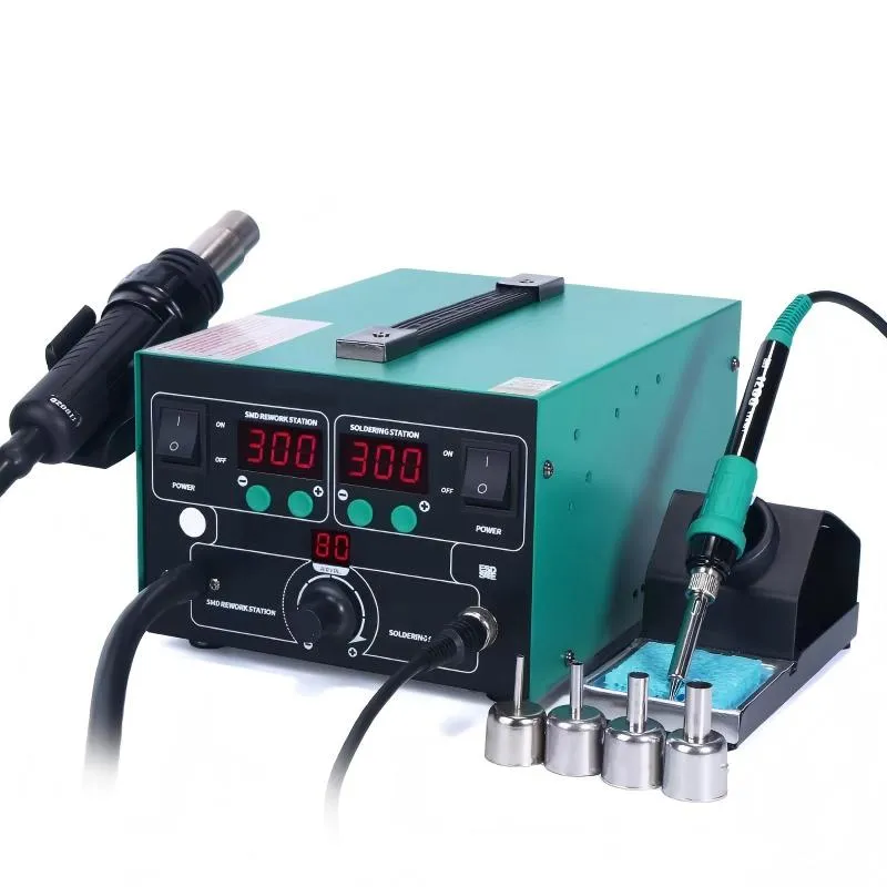 Front angle view of BG Thermal SMD rework station showing adjustable airflow knob and stainless nozzles