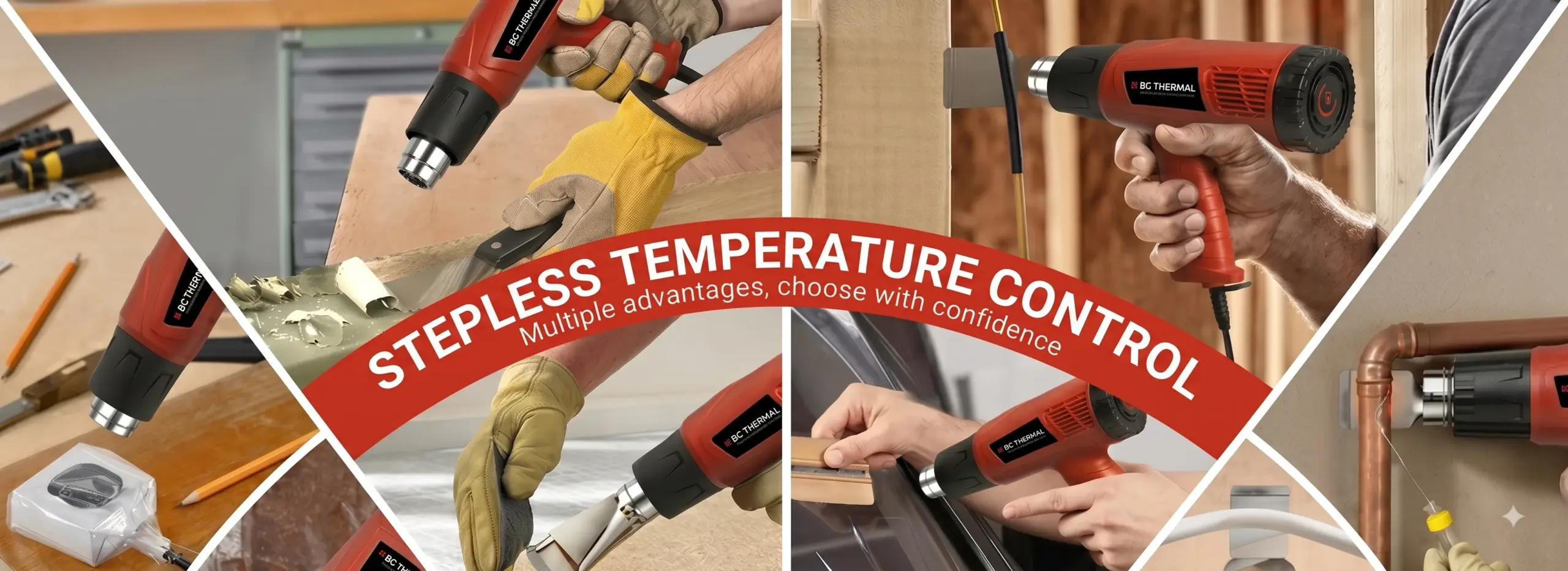 BG Thermal Stepless Temperature Control Heat Gun Applications BG Thermal 1800W industrial heat gun with stepless temperature control multi-scenario application collage