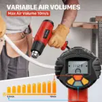 Operator heating a white heat shrink tube with a BG Thermal heat gun, featuring an air volume chart and digital display.